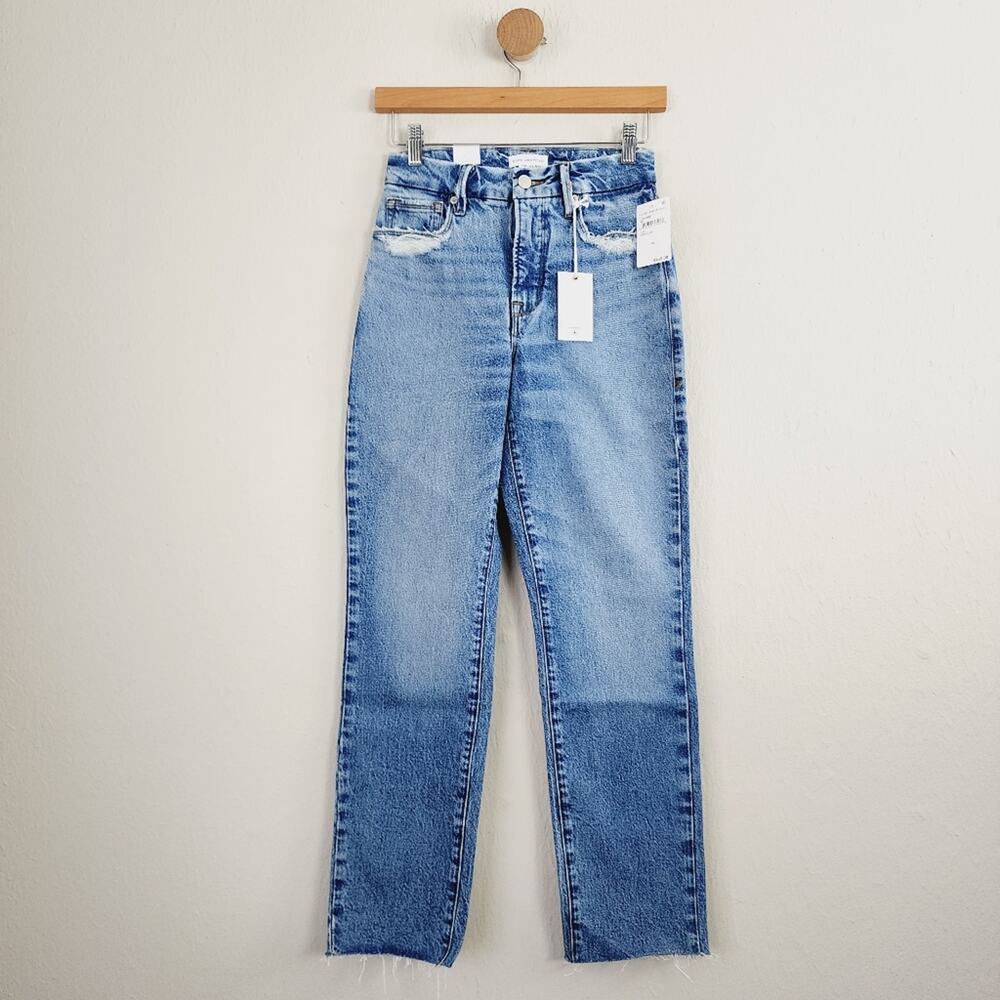 NWT Good American Good Vintage High Rise Straight Jeans 00 24 Raw Hem Indigo - Picture 1 of 10
